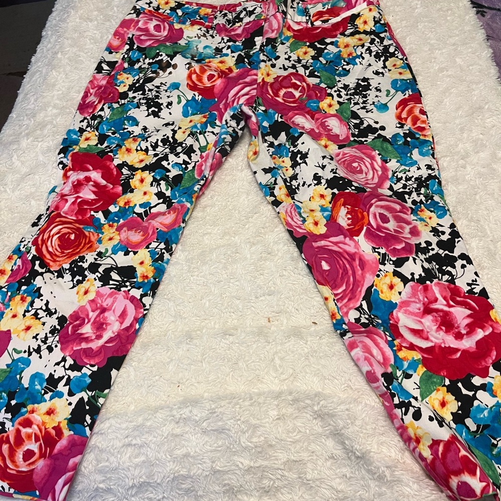 Floral Print Pants Women Size 12 New York & Company Stretch Ankle